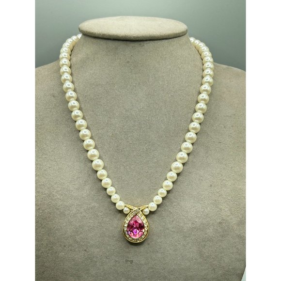 Signed Marvella Pearls Necklace with Pink Stone & Rhinestones Accents Gold Tone - Picture 8 of 12